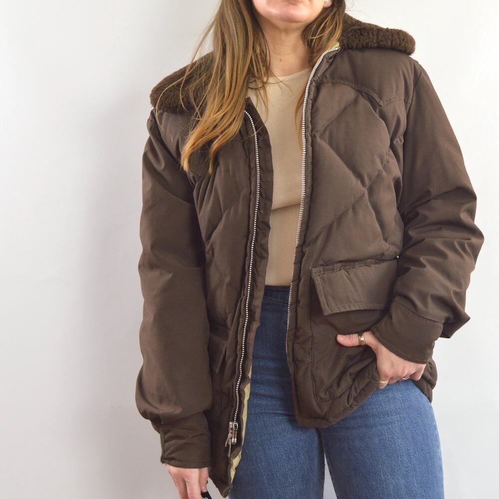 super cool park ranger meets cowboy brown puffer coat with fluffy collar